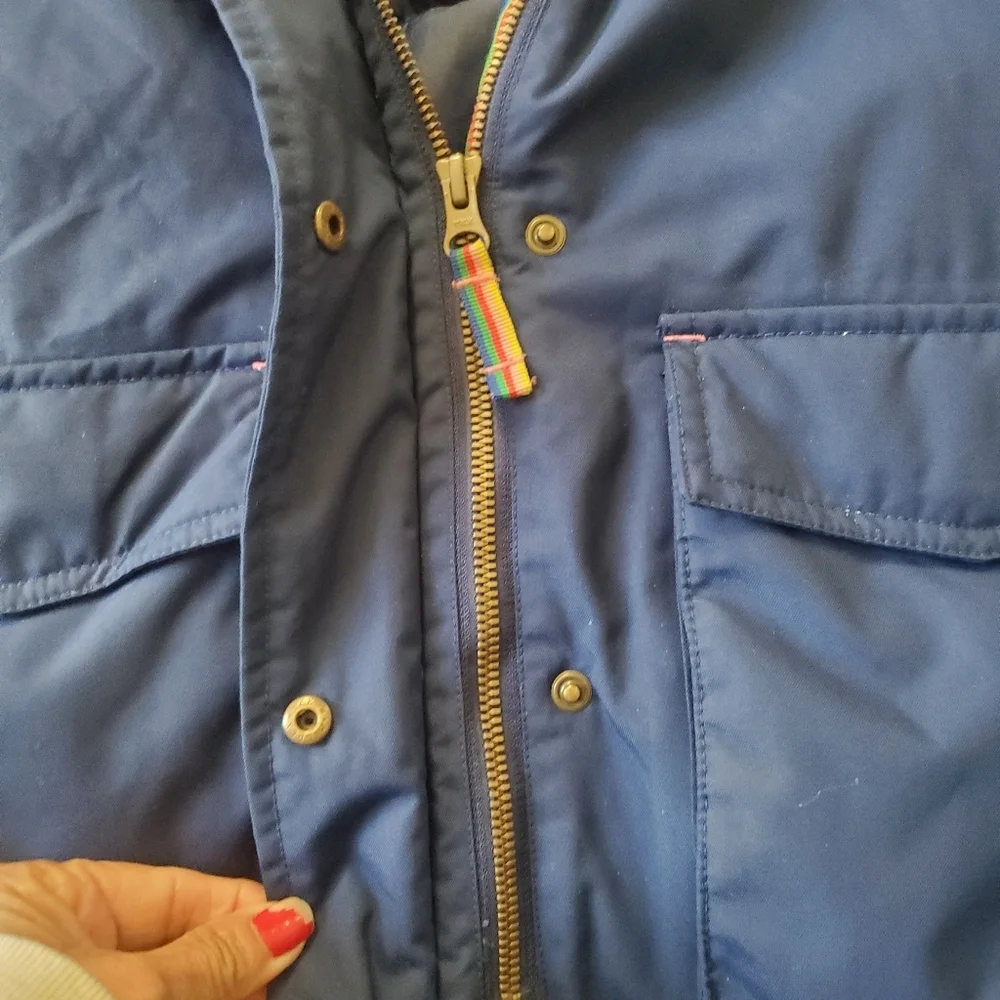 Kids Boden Navy Coat with Multicolor Fur Hood Size 6-7